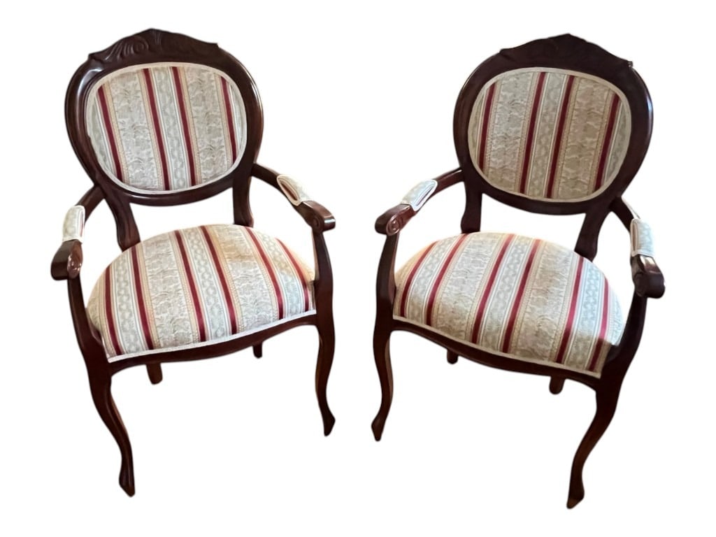 Italian Pair of Victorian-Style Mahogany Balloon-Back Open Armchairs with Upholstered Seats and B...: A matched pair of Victorian-style mahogany balloon-back open armchairs, likely made as parlor or drawing-room seating made in Italy. Each chair presents a rounded ?balloon? back framed in polished dar