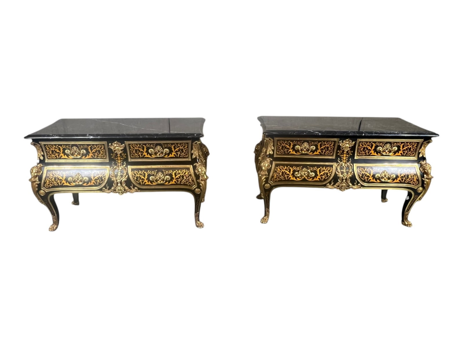 $24,500+ Pair of Italian Louis XV Style Bombé Commodes with Exotic Wood Marquetry in the Boulle: This exceptional Italian pair of bombé commodes was custom commissioned and executed in the manner of André Charles Boulle, the cabinetmaker to Louis XIV whose name became synonymous with th