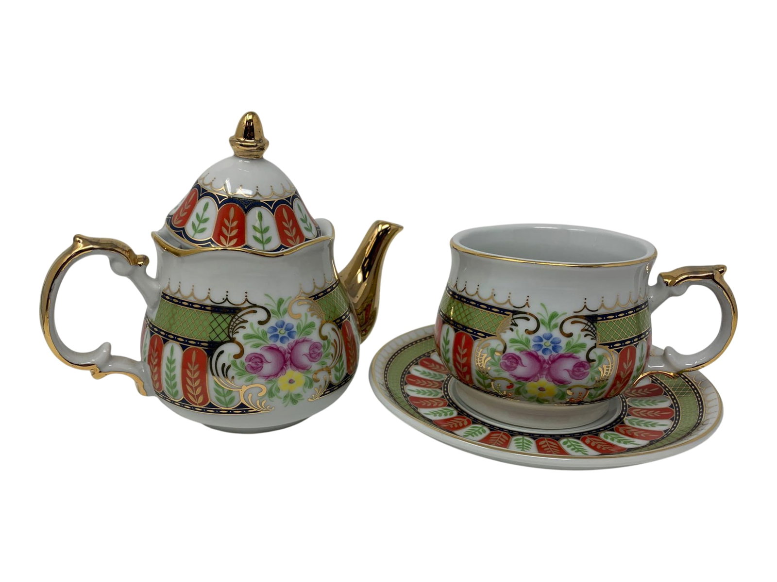 Sorelle Tea for One Porcelain Cup and Teapot Set Blue and Red (1 of 1)