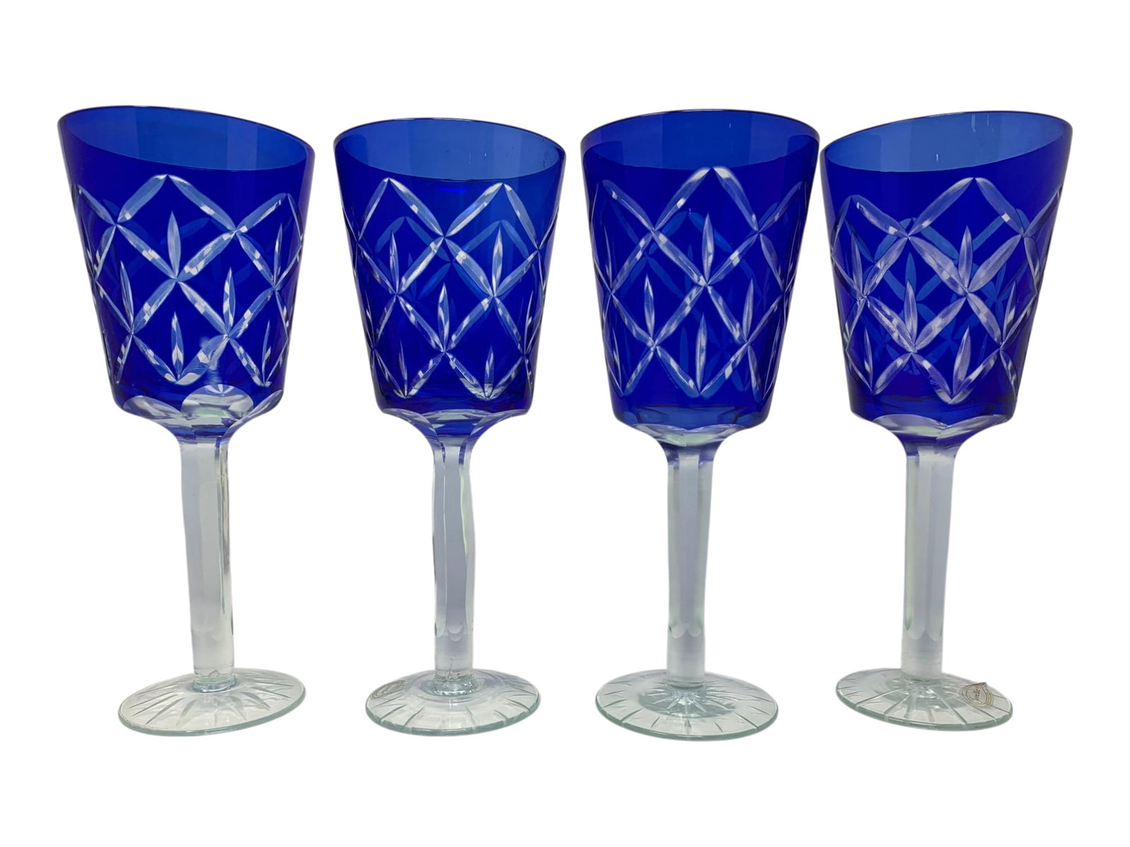 Cobalt Cut to Clear Wine Goblets Set of 4: Cobalt Cut to Clear Wine Goblets Set of 4. Detailed cross hatching through a rich blue, supported by clear glass stems. Matches Lot 1046. 9