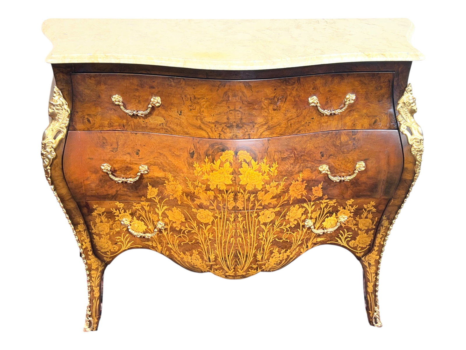 French Louis XV Style Marquetry Bombé Commode with Marble Top and Gilt Bronze Mounts (1 of 14)