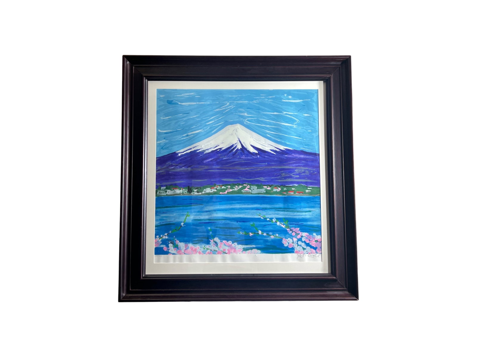 Mount Fuji with Cherry Blossoms, Color Serigraph, Pencil Signed and Numbered 188/250, Framed, 41 x 4: This color serigraph presents Mount Fuji rising above a still blue bay, the composition organized in clean horizontal registers that carry the eye from flowering cherry branches in the foreground, acr