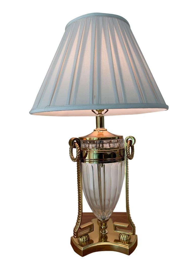 Neoclassical Style Brass and European Crystal Table Lamp - 34"H: Neoclassical Style Brass and Crystal Table Lamp - 34"H Elegant table lamp featuring a European fluted crystal urn body mounted on a brass pedestal base with rope-twist handles and classical motifs. Th