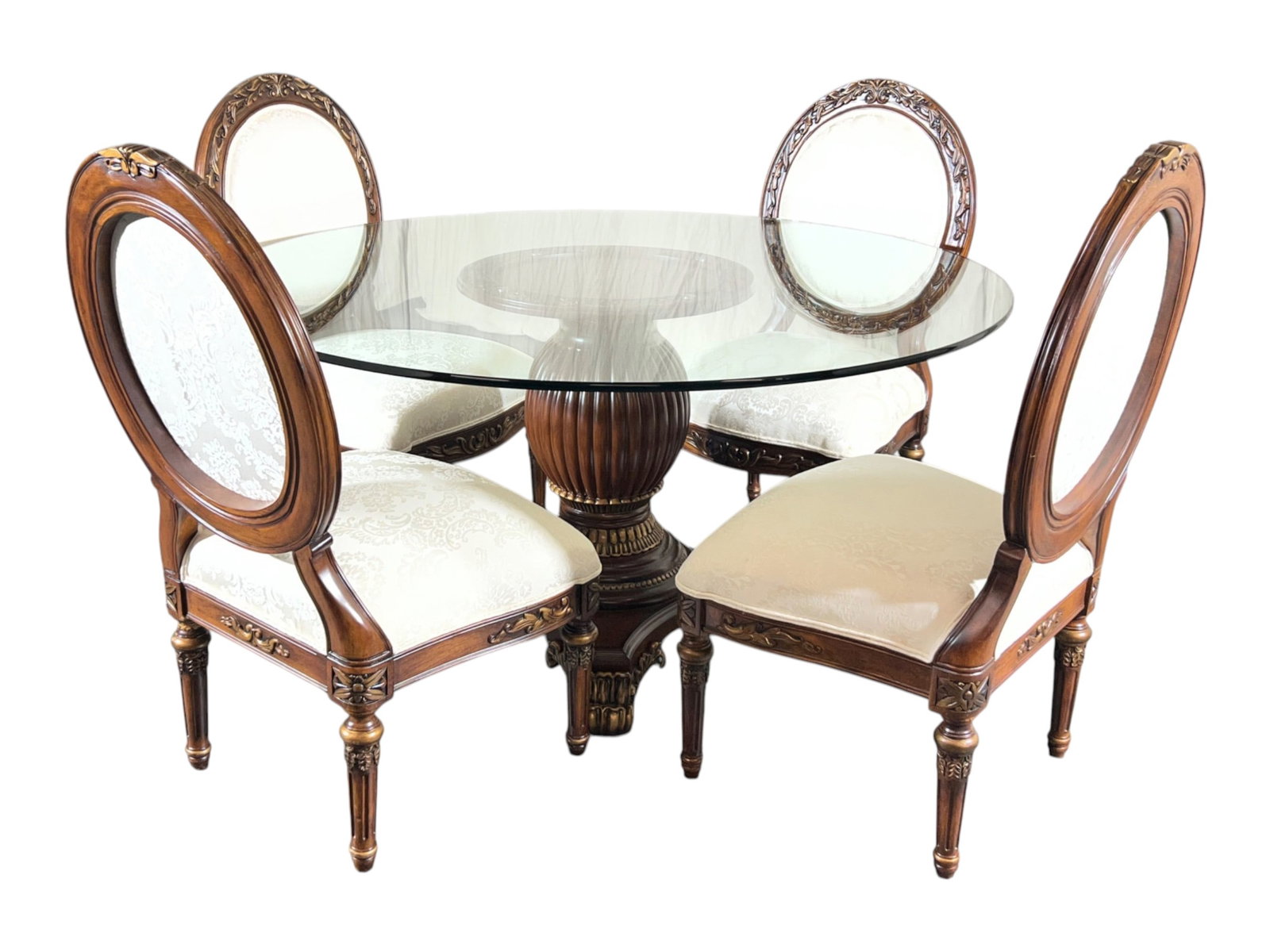 HiEnd Round Glass Top Pedestal Dining Table with Carved and Gilt Accented Base and Four Oval Back Ch (1 of 15)
