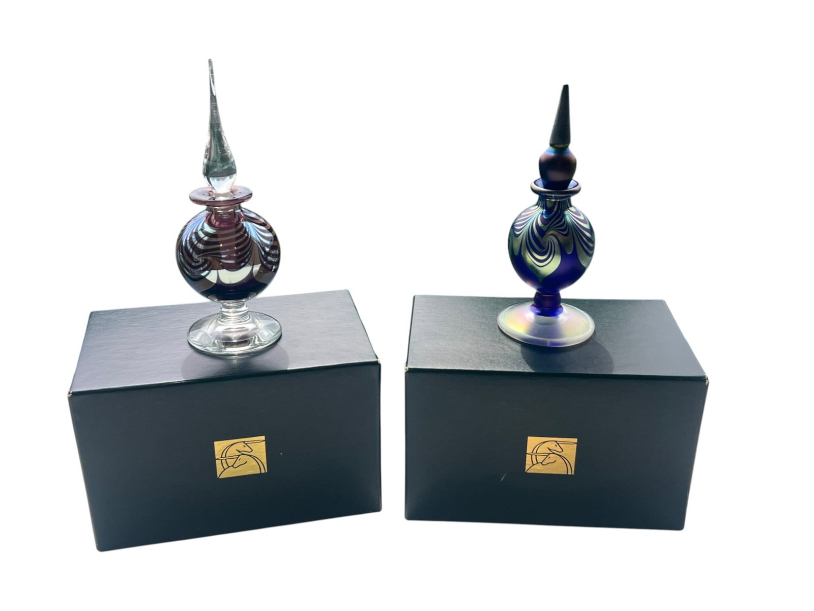 Pair of Iridescent Pulled-Feather Perfume Bottles by Correia, w/ Boxes, 6″ H (1 of 7)