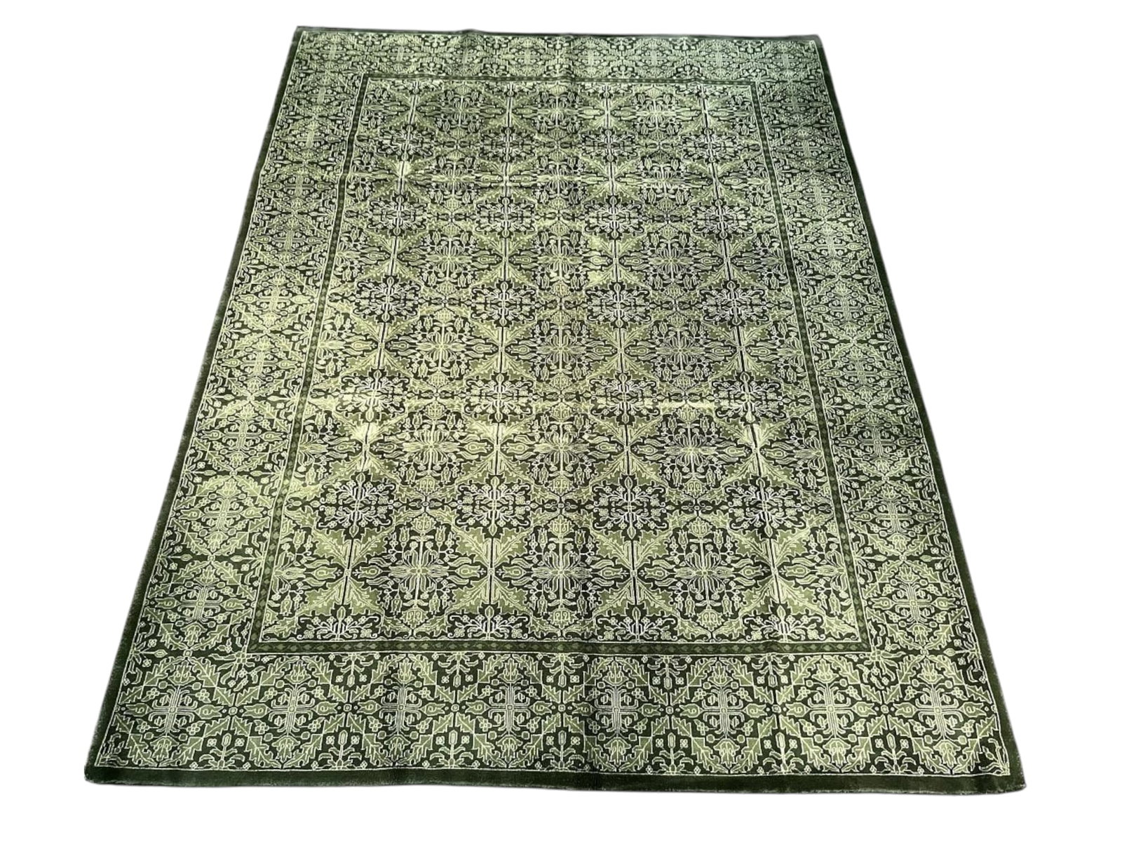 $3,455 - Tone-on-Tone Emerald Carpet, Allover Lattice Design, Hand-Knotted Wool, 9'0" x 12'0"