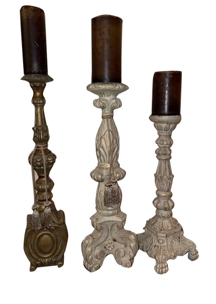 Set of 3 Baroque Carved Candleholder Towers: Set of 3 Baroque Carved Candleholder Towers 27" and smaller