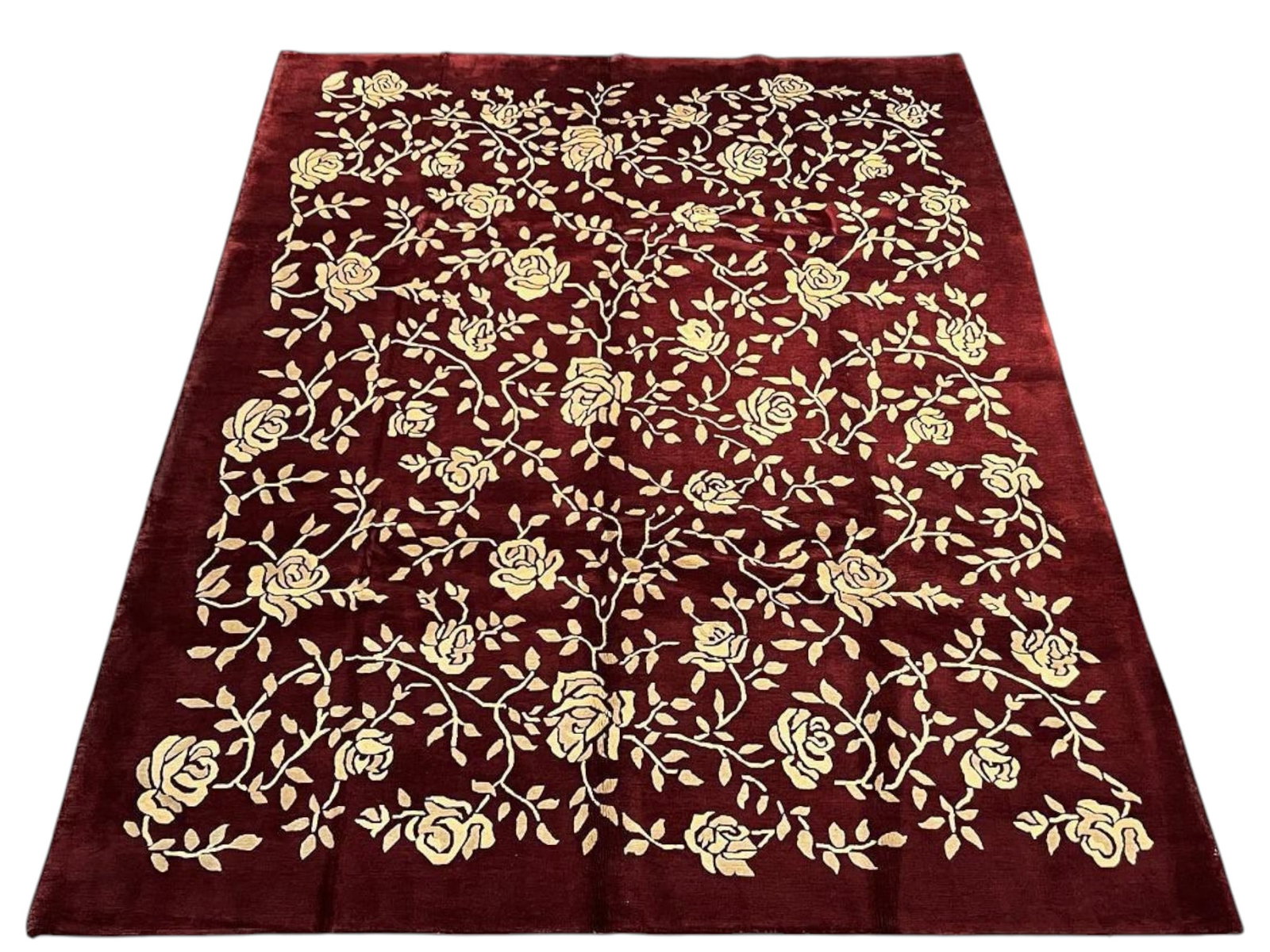 $6,255 - Burgundy Ground Rose Vine Carpet, Nepalese Design, Hand-Knotted Wool, 8'6" x 11'6" (1 of 5)