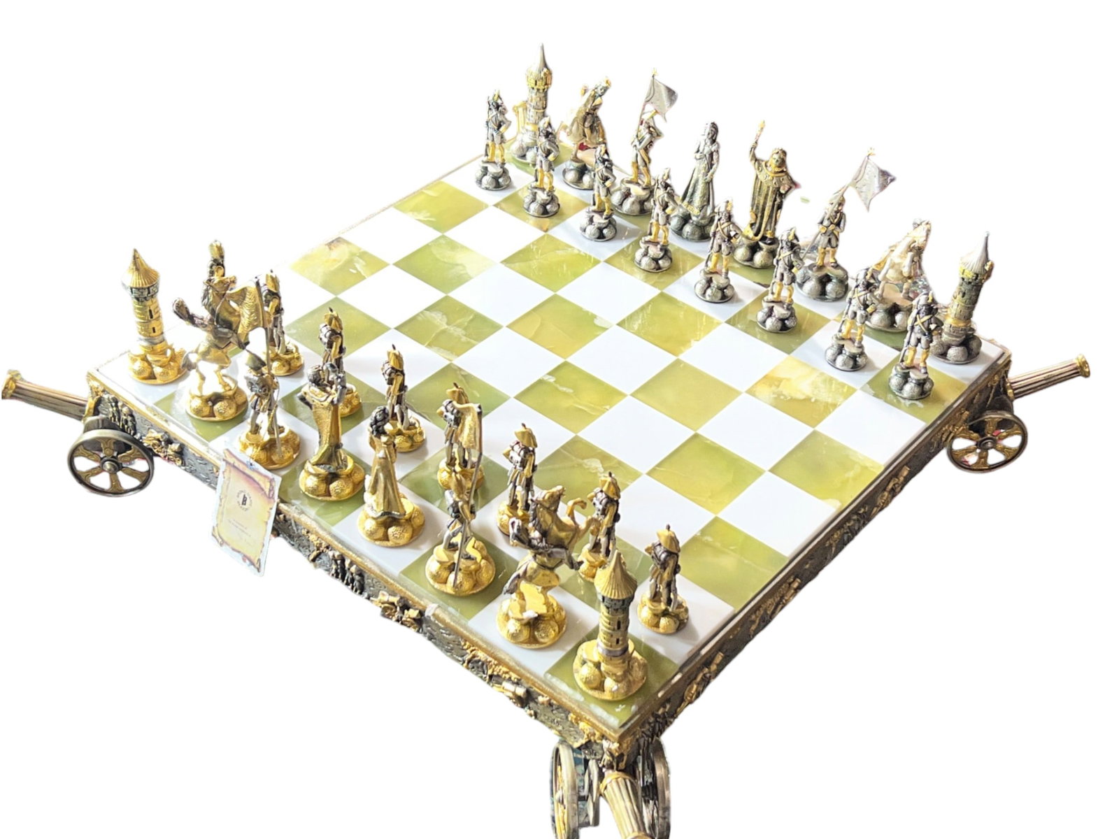 $16,500 PIERO BENZONI Italian 24K Gold & Silver Plated Bronze Medieval Chess Set with Green Onyx & M: A striking figural chess set by Italian sculptor Piero Benzoni (b. 1938), produced at his workshop in Melegnano, Italy. The set comprises 32 cast bronze pieces finished in silver plate and 24-karat go