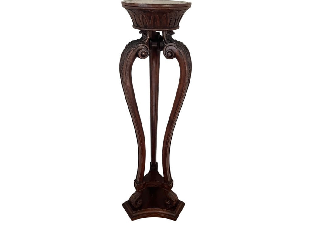 Statement piece! Carved Mahogany Torchère / Plant Pedestal Stand with Tripod Scroll Legs, 54": An elegant carved hardwood torchère or plant pedestal stand, executed in a classical revival taste with a circular dished top above a flared frieze carved in repeating leaf lappets. The top prese