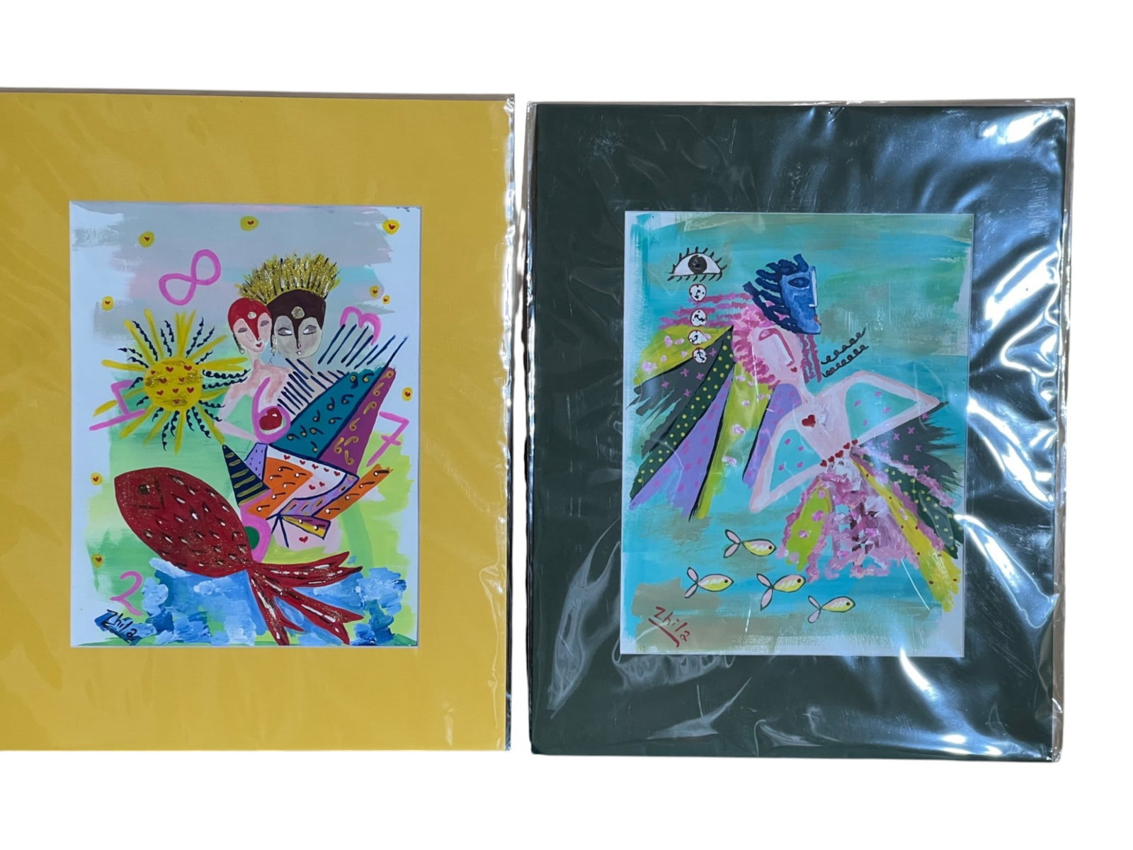 Zhila, Pair of Figural Abstract Compositions, Mixed Media on Paper, Both Signed, 16 x 20": This pair of original works by the artist Zhila presents whimsical figural compositions rendered in bold saturated color on paper. Both works share the same visual vocabulary, populating their surface