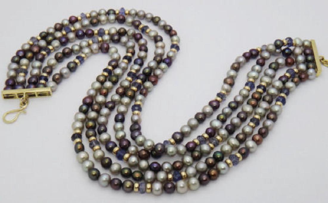 Sazingg 18k Gold Pearl & Amethyst Five Strand Necklace (1 of 9)