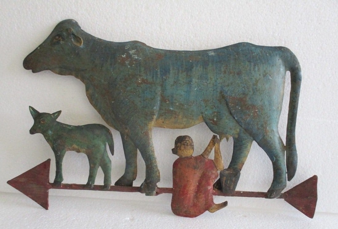 Cow milking weather vane: Iron woman milking cow weather vane . Size : 8.30 x 13.40 x 0.40 inch .