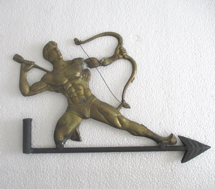 Brass warrior with bow and arrow weather vane: Brass warrior with bow and arrow weathervane . Approximate size : 8.25 x 13.00 x 0.50 inch .