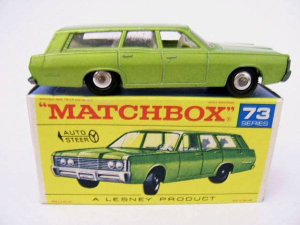 73C 1968 Mercury Commuter Station Wagen: Metallic green body, single interior post, raised platform base, chrome hubs with black plastic tires. Model mint. Box complete and crisp, slight crease from storage. OLD STORE STOCK MODEL AND BOX!!