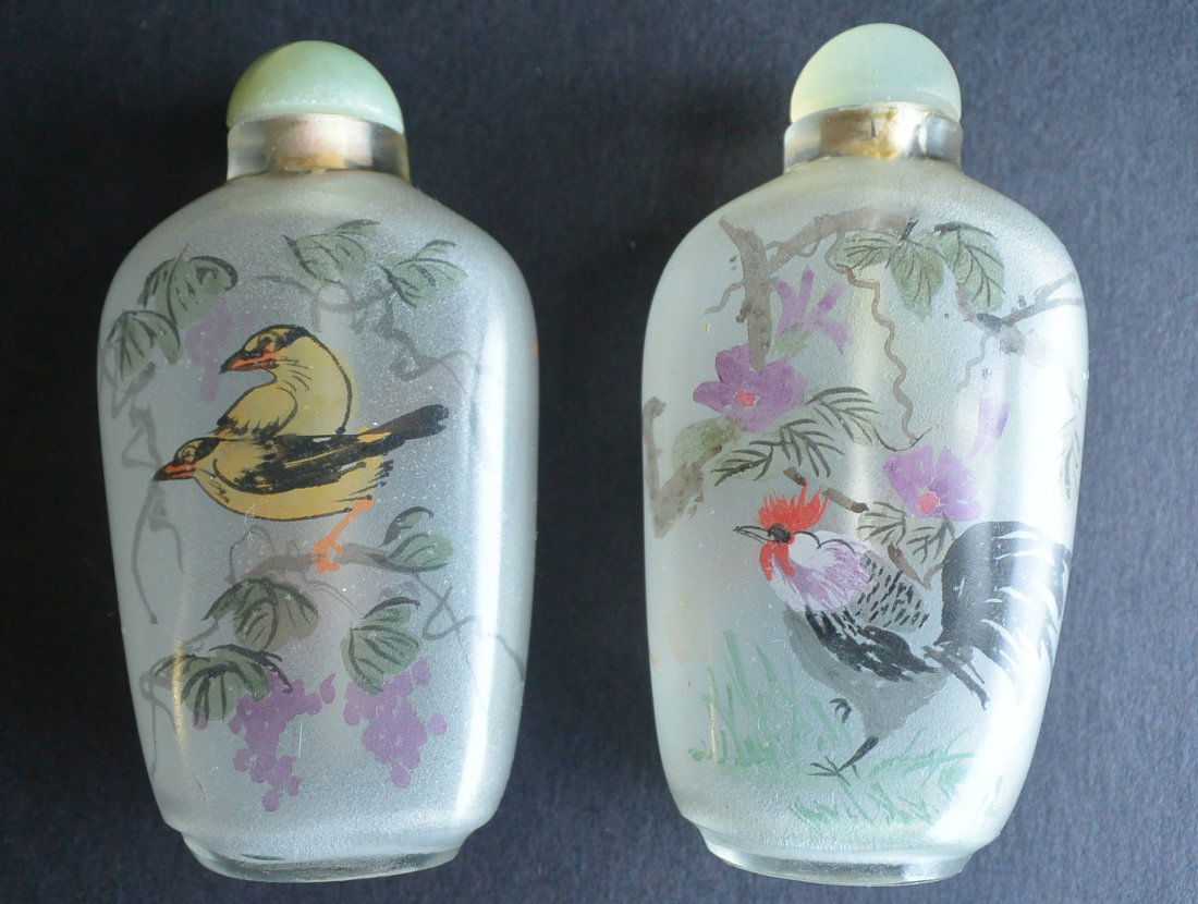 Pair antique glass snuff bottles golden pheasant flower (1 of 9)