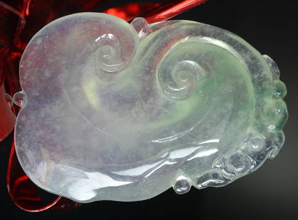 CHINESE ICE JADEITE RUYI PENDANT: 高冰-玻璃种翡翠雕刻如意松鼠挂件：Elaborately shaped pendant depicting serene expression RUYI.