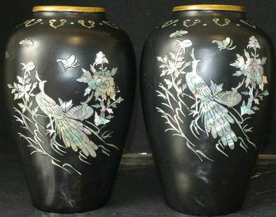 Pair of Beautiful Copper Mother-of-Pearl Lacquer Vase: Pair of beautiful and rare copper body mother-of-pearl lacquer vase. This vase has a very elegant, graceful and flowing contour. It has an plump body, and with a proportionally big mouth than such