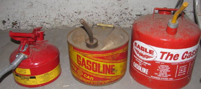 3 Gas Cans: 3 gas cans. Safety can missing cap