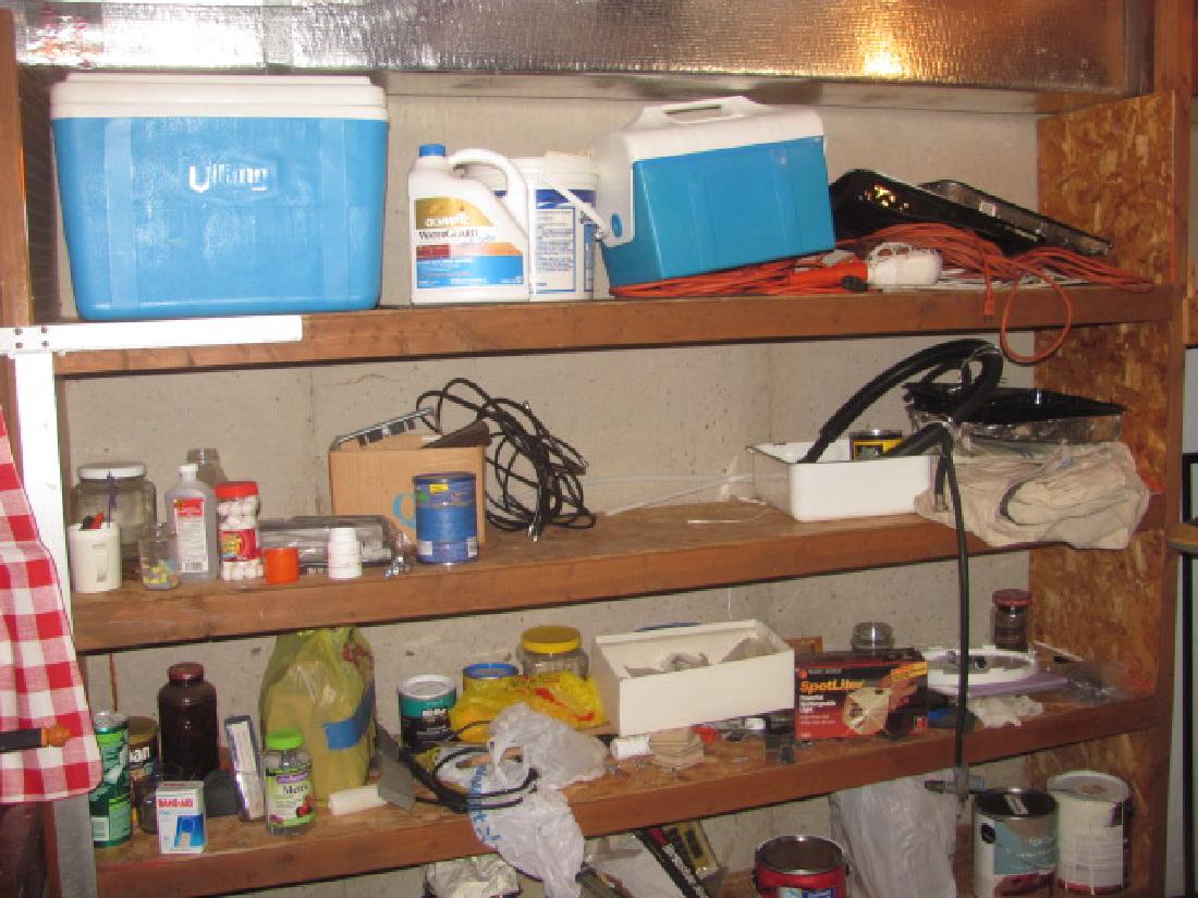 Contents of Shelf Unit: Includes Coolers, Rockwell Drill, & Misc