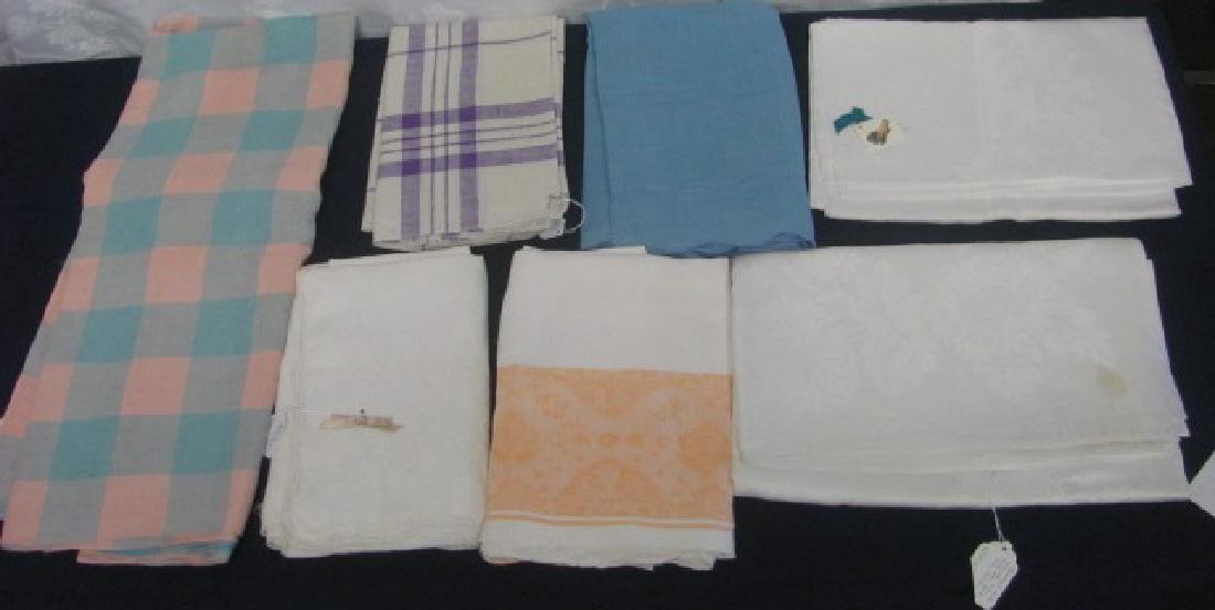 (7) TableClothe Lot: Including Damask 86x72, 84x64 68x56, Linen 100x72 Pink & Blue 88x64,