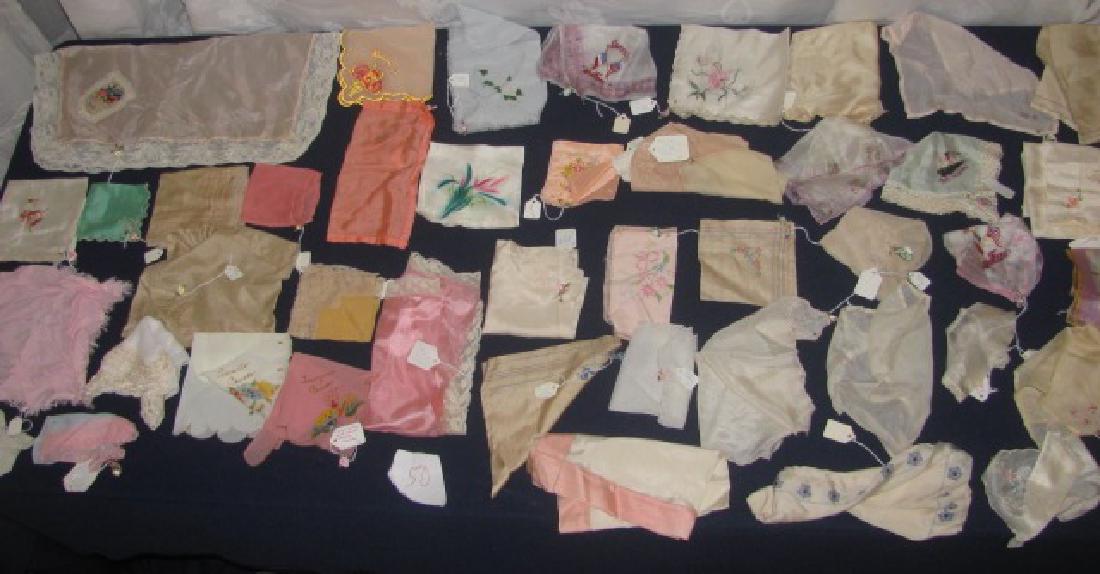 Hanky Lot: Includes approx. 50 hankies. Including Souvenirs from France, Atlantic City, Steamship Franconia.