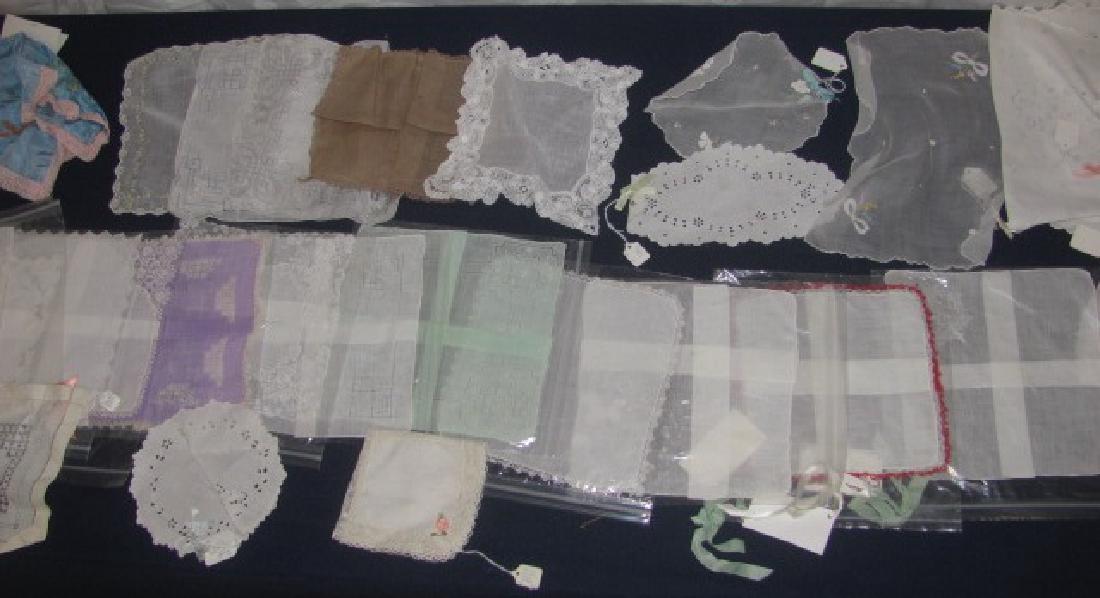 Hanky Lot: Approx. 29 pieces. Including Linen, Lace, Monogram, & Souvenir.