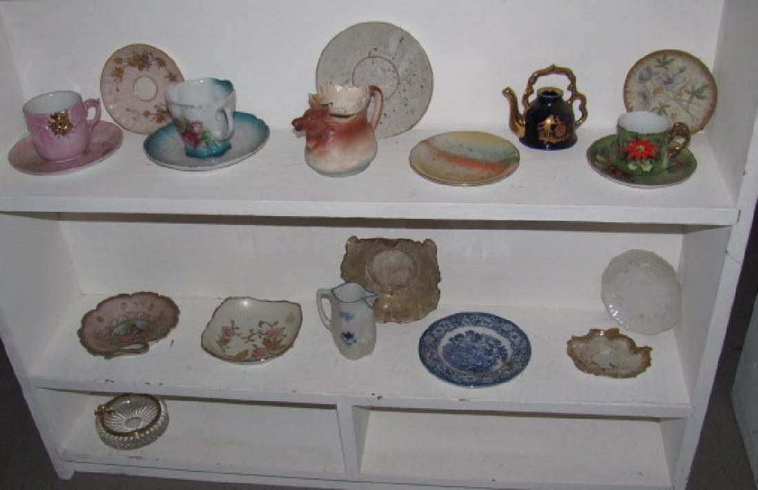 Shelf Lot: Includes Childs Tea Set, Cups & Saucers, Moose Creamer, Lefton, & Misc.