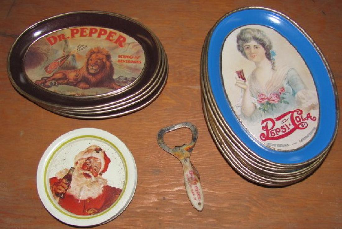 Pepsi Dr. Pepper Tip Trays: There are 17 Pepsi Trays, 5 Dr. Pepper Trays, 9 Coke Santa Coasters ( 3 1/2" dia) , & a Budweiser Bottle Opener / Knife. Trays are reproduction and approx. 4 1/2" x 6".