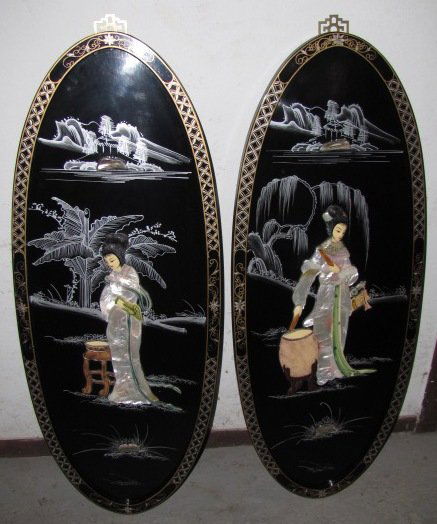 ORIENTAL BLACK LAQUER w/ MOTHER OF PEARL WALL HANGINGS (1 of 5)