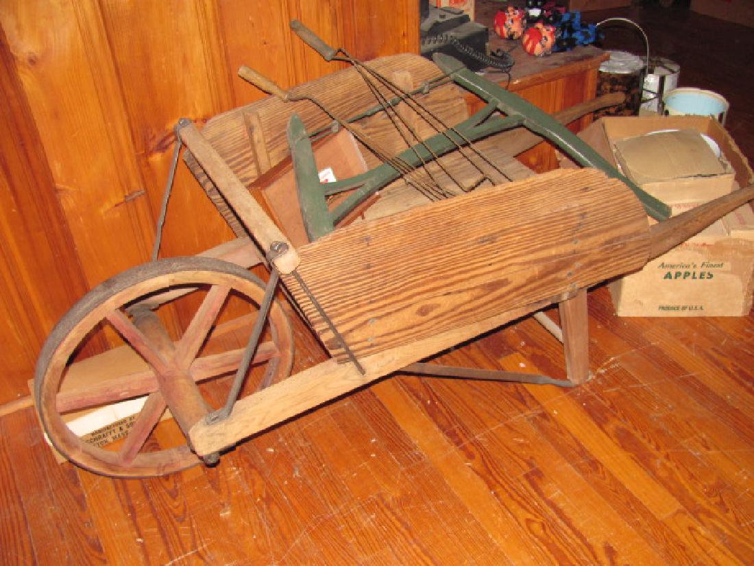 Wooden Wheel Barrow Saw Rug Beaters: Wheel Barrow with everything in it. Also including oil can & cigar case.