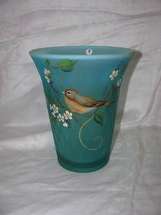 Hand Painted Bird Fenton Vase: Approx. 8 1/4" tall and 6 7/8" in diameter at top.