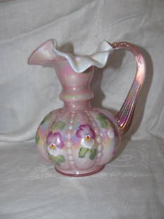 Fenton Glass hand Painted Ruffled Pitcher: Approx. 6" tall & Signed