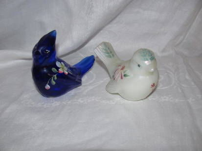 2 Fenton Glass Hand Painted Birds Signed: Approx. 3 1/2" tall.