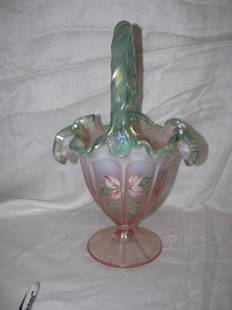 Fenton Glass Hand Painted & Signed Basket: Approx 11 1/2" tall. Signed on bottom