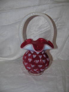 Pink Opalescent Heart Design Fenton Basket: Approx. 9" tall.