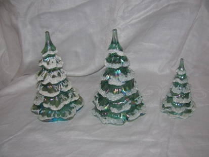 3 Fenton Glass Frosted Christmas Trees: Largest ones are approx. 6 1/2" tall. One has gold bird.