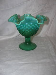 Fenton Glass Green Opalescent Compote: Hobnail Compote approx. 6" tall.
