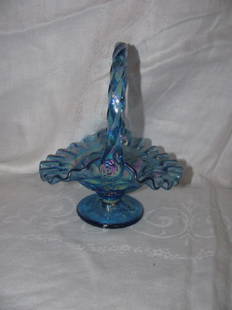 Fenton Glass Strawberry Pattern Basket: Approx. 6 1/2" tall.