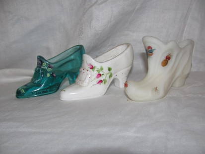 3 Fenton Hand Painted & Signed Shoes: All signed. Approx. 5" long.
