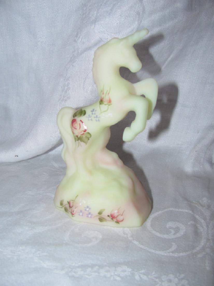 Hand Painted Fenton Glass Unicorn: Signed L. Fleming. Approx. 5 1/2" tall.