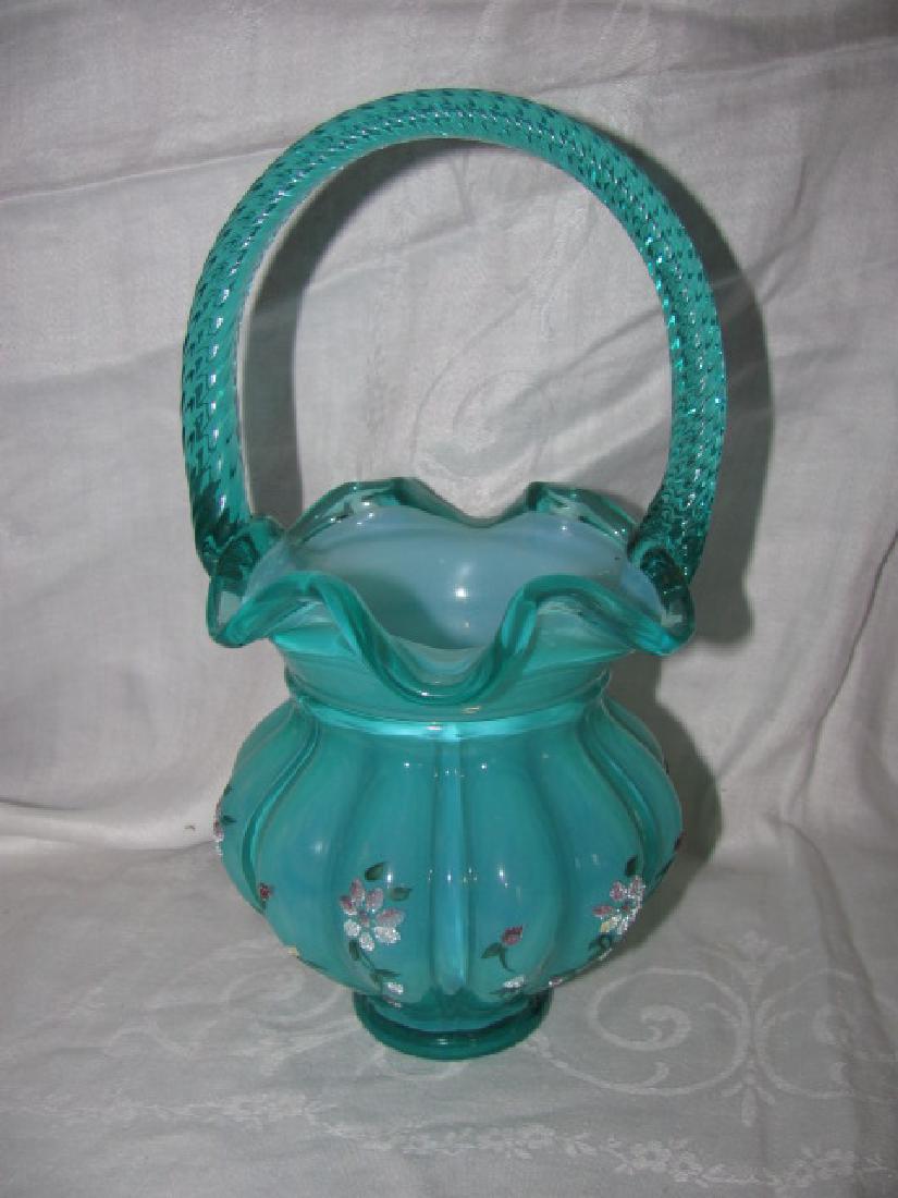 Fenton Glass Hand Painted Basket: Bottom marked Bill Fenton & Signed M Wagner. Approx. 10" tall.