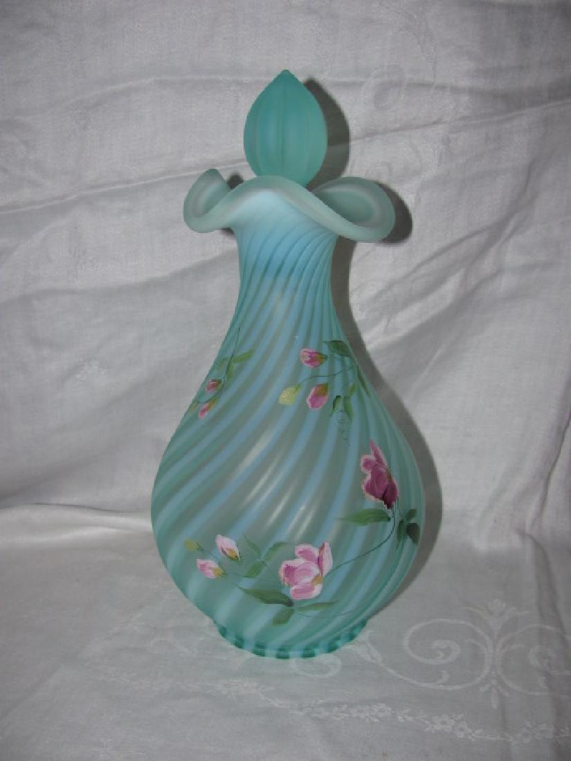 Hand Painted Fenton Vanity Bottle: Blue Opalescent Swirl Approx. 11" tall. Signed D. Robinson Shelly Fenton