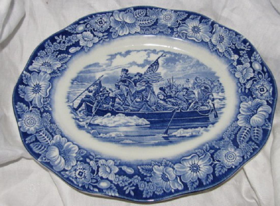 2 Liberty Blue Staffordshire Ironstone Platters: One is marked Governors House Williamsburg . Approx. 9 1/2" x 12". The other is Washingtons Crossing and is 11" x 14".