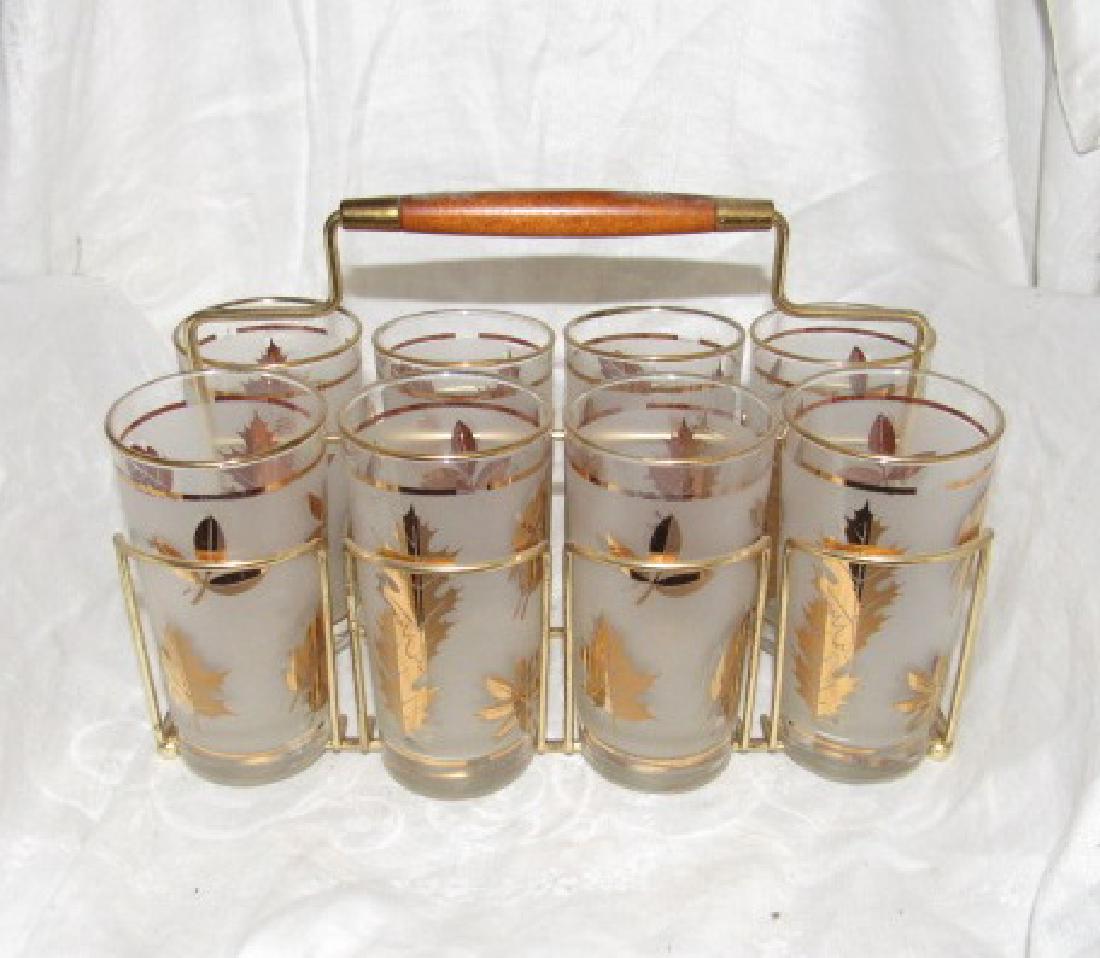 8 Retro Frosted Gold Leaf Glasses w/ carrier (1 of 1)