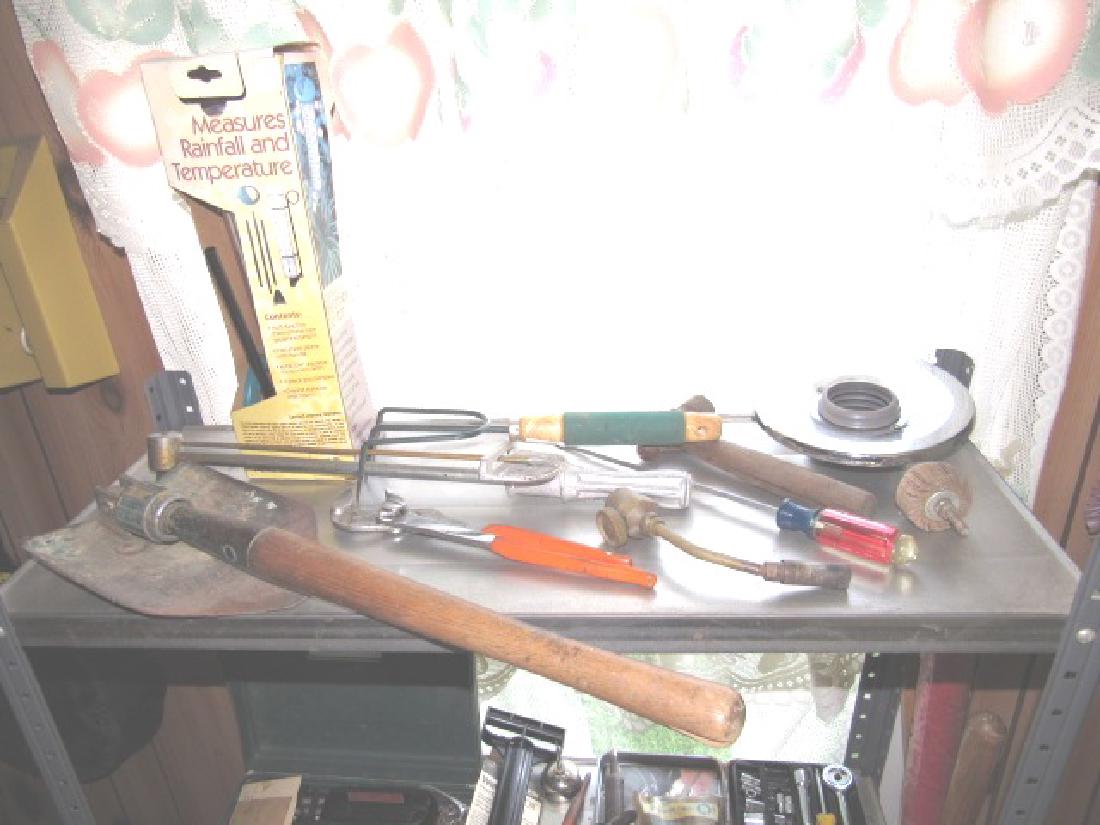 Tool Lot Socket Set Soldering Gun Battery Charger: Also Includes hammers, pry bars, oil can, Flourescent light, Schmidts Beer Tray ( with dings), and misc. Must take all