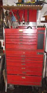 Vintage Snap On Tool Box: 2 Piece Tool Box - Approx. 18" x 32 1/2" x 56" tall ( total height). Does have some rust & paint loss. Auction is for tool box only. Contents are sold separately.