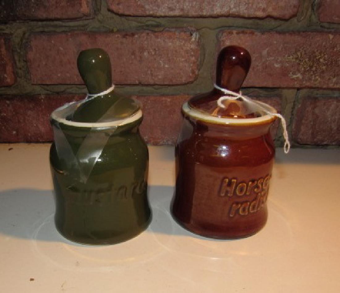 Hall Brown Green Horse Radish & Mustard Jars: Approx. 5" tall.