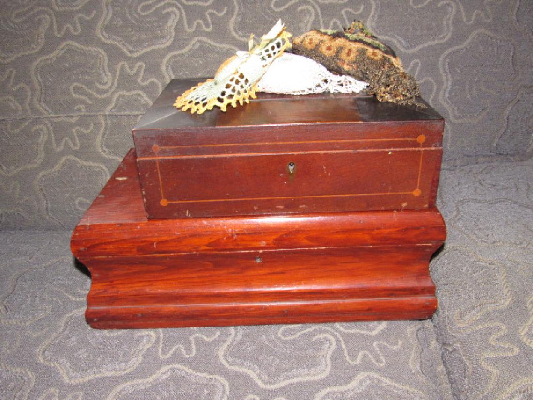 Sewing Boxes & Pin Cushions: Getting all pictured. Larger sewing box is approx. 8 1/2" x 14 1/2" x 5 1/2" tall.