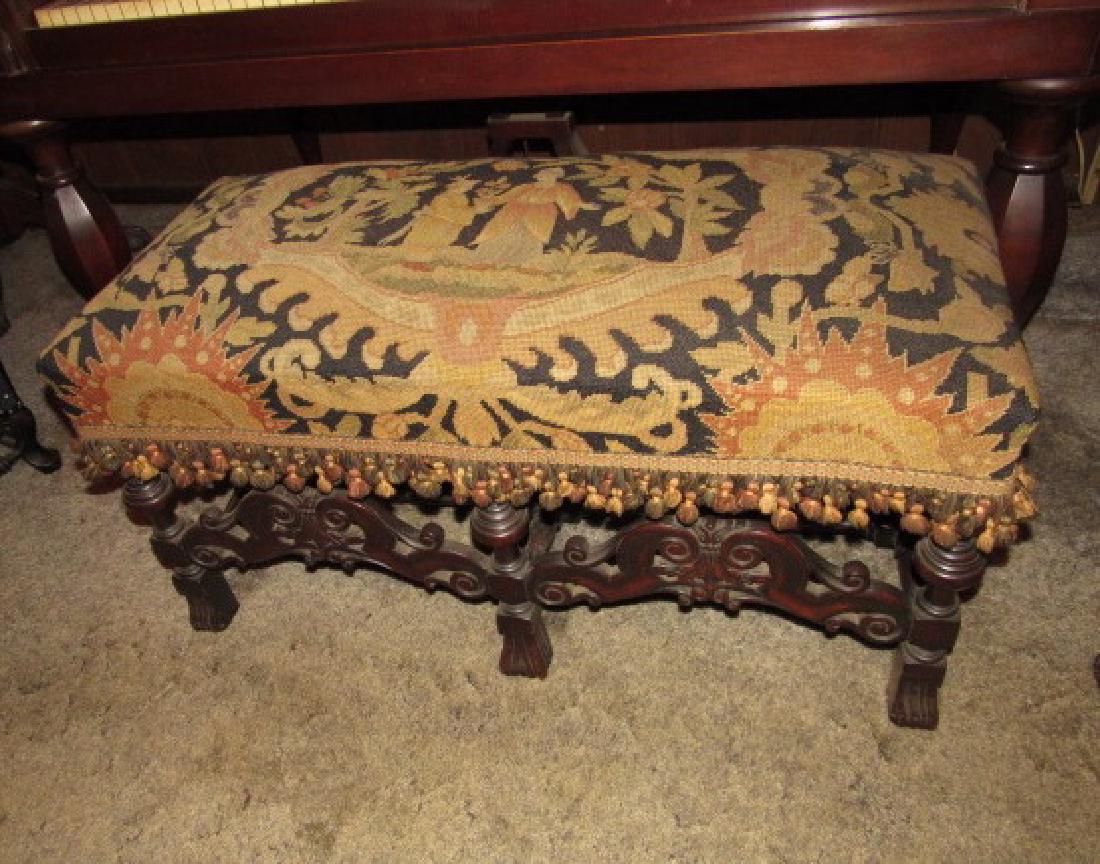 Carved Needle Point Piano Bench: Approx. 18" x 38" x 21" tall.